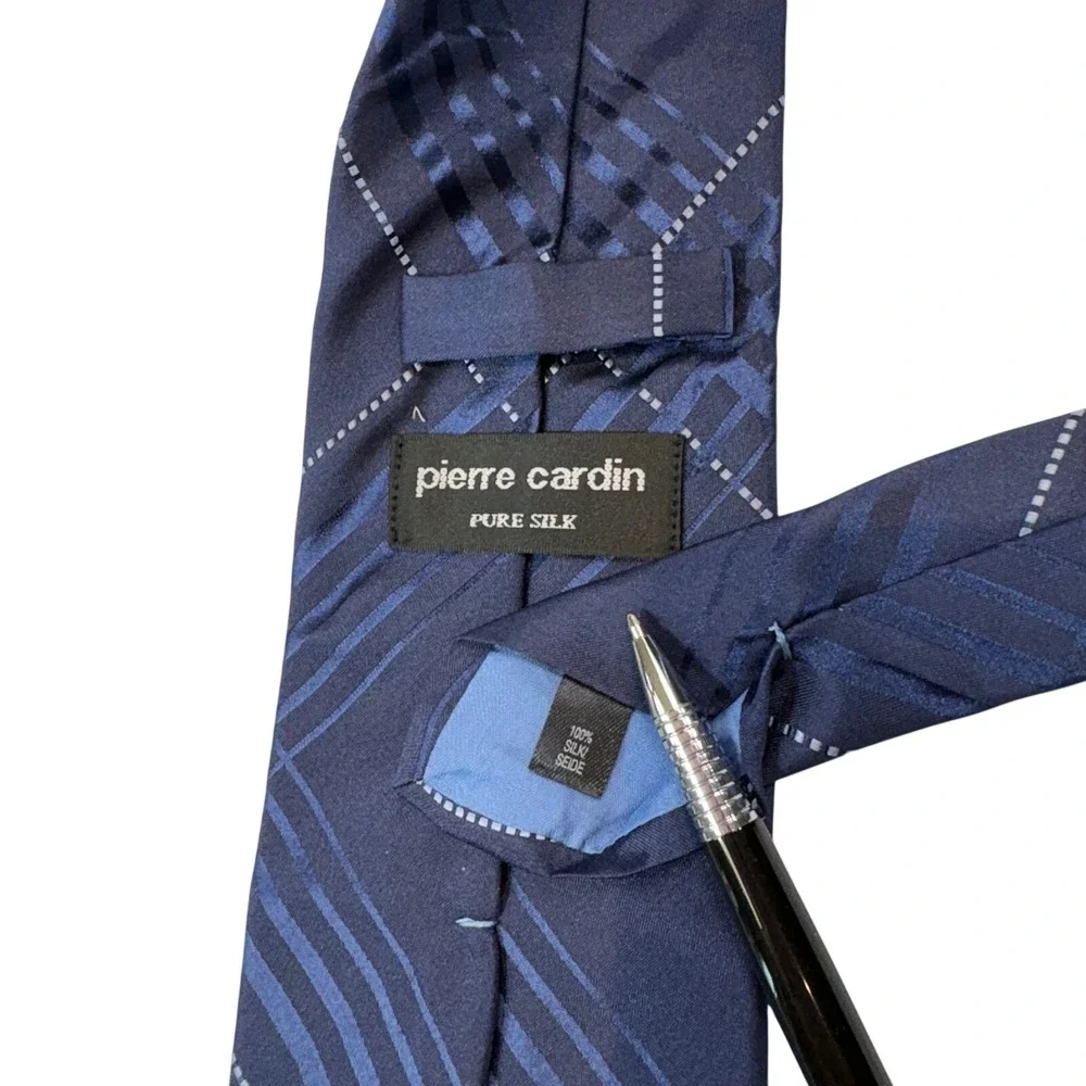 Pierre Cardin Mens Navy Blue Plaid‎ Silk Necktie Geometric Dotted Line Vintage